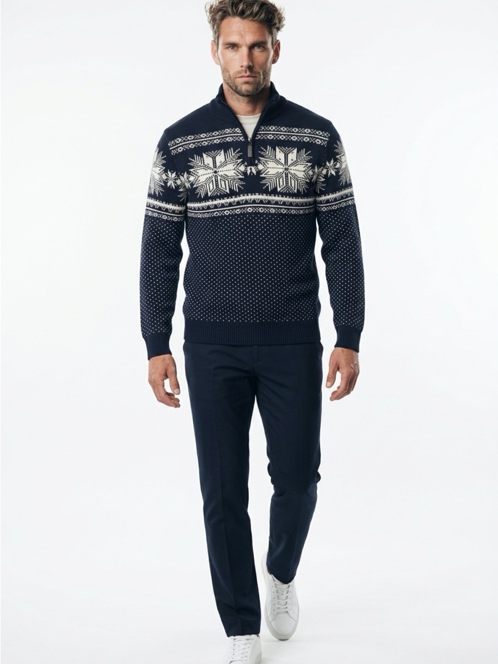 NWT Aspen Men’s Sm 100% Cotton Navy Blue Snowflakes Fair Isle Sweater